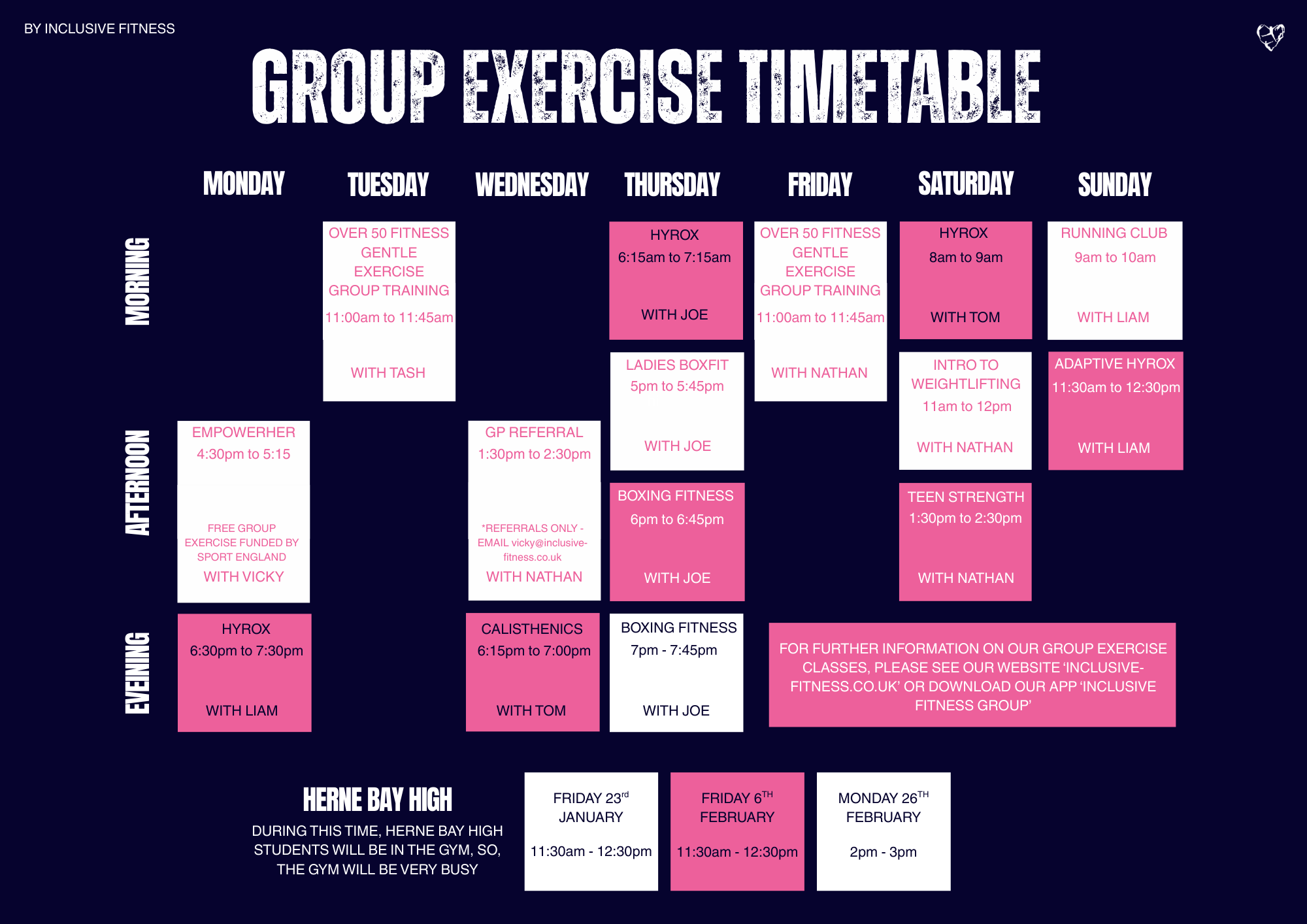 Inclusive Fitness Class Timetable showing current weekly schedule