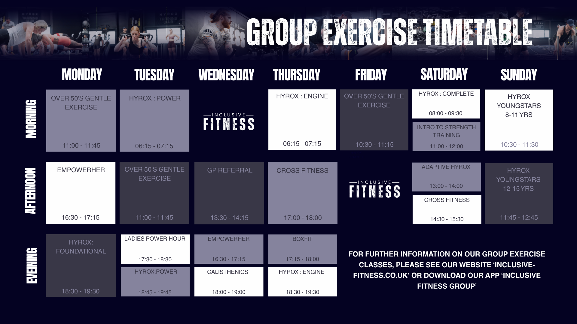 Inclusive Fitness Class Timetable showing current weekly schedule
