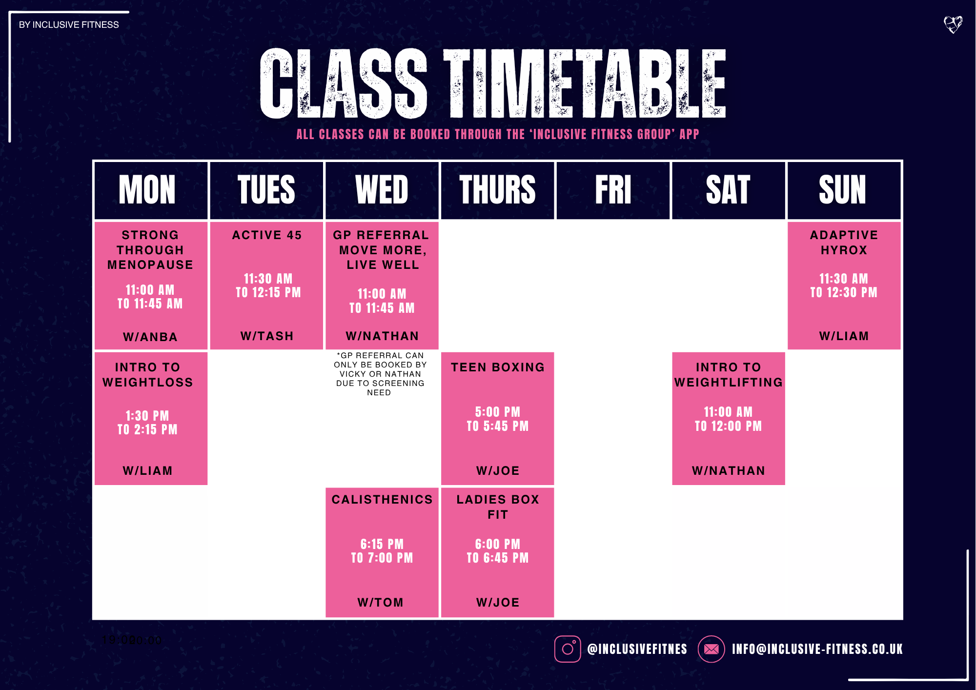Inclusive Fitness Class Timetable showing current weekly schedule