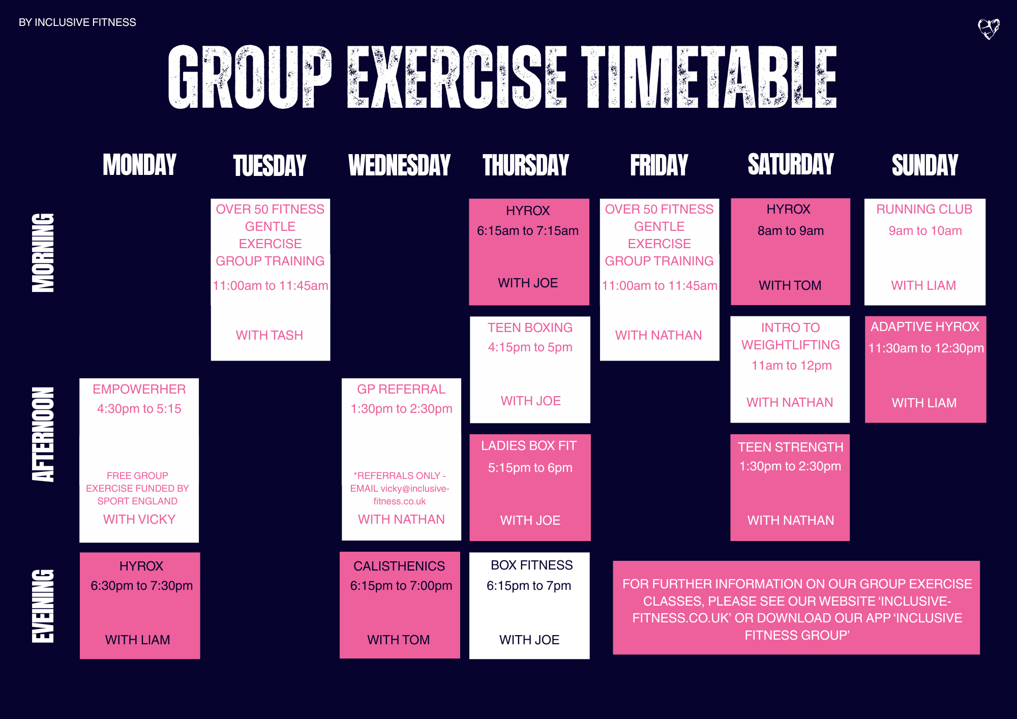 Inclusive Fitness Class Timetable showing current weekly schedule